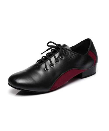Minishion Men's Lace-up 1" Standard Heel Leather Suede Ballroom Latin Dance Shoes 8.5 Blakc/Red