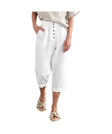 Mackneog Crop Wide Leg Women Casual Summer Capris Loose Long Wide Leg Cropped Pants Loose Fitting Linen Cotton Relaxed Fit White Small