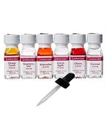 Lorann Oils Super Strength (Strawberry Kiwi Orange cream Watermelon Green apple Coconut and Cherry) Variety Pack of 6 with free 1 Ounce Dropper