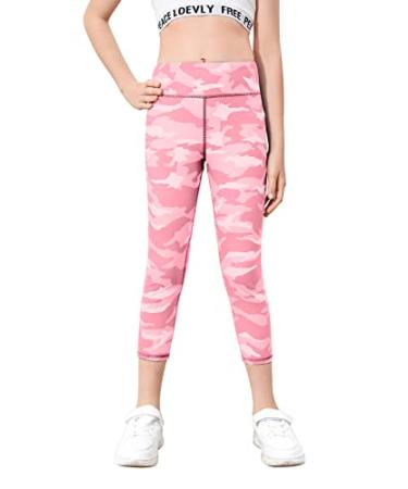 rrhss Girls Camo Print Capri Yoga Pants Active Cropped Leggings Kids Sport Workout Tights Pink 7-8 Years