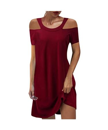 Off The Shoulder Dress for Women Ladies Summer Solid Color Short Sleeve Dress Casual V Neck Mesh Mini Dress XX-Large A1-wine