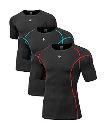 Milin Naco Compression Shirts for Men Short Sleeve Compression T Shirts Mens Compression Undershirts UPF 50+ Rash Guard 3 Packs-black Red / Black Blue / Black XX-Large