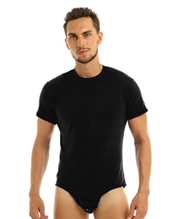 JEEYJOO Men's Solid One-Piece Press Button Crotch Leotard T-Shirts Bodysuit Pajamas Black XX-Large