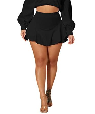 WDIRARA Women's High Waist Ruffle Hem Skort Stretch Casual Skirt Shorts X-Small Black Plain