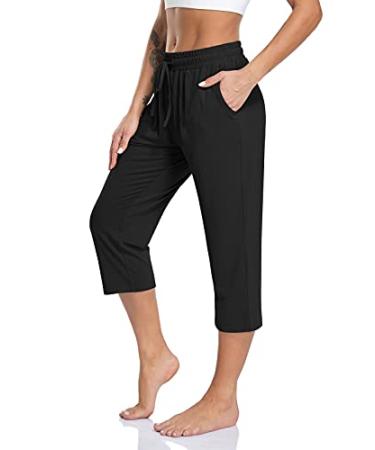 TARSE Women's Capri Yoga Pants Loose Soft Drawstring Workout Sweatpants Causal Lounge Pants with Pockets Black Capris XX-Large