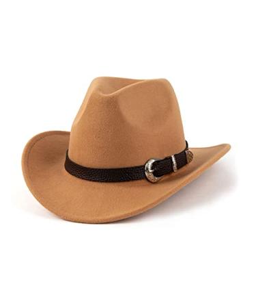 EOGIMI Western Cowboy Hats for Women Men Felt Wide Brim Panama Hat with Belt Buckle Silver Buckle-camel Medium