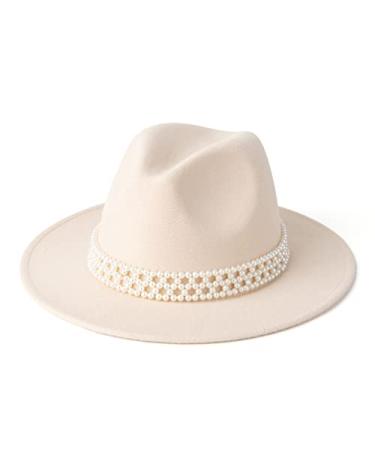 HUDANHUWEI Womens Wide Brim Fedora Hat with Pearl Band Lady Panama Hat Beige