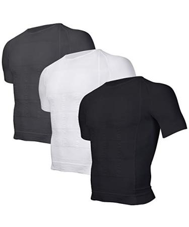 Odoland 3 Pack Men's Body Shaper Slimming Shirt Tummy Vest Thermal Compression Base Layer Slim Muscle Short Sleeve Shapewear White/Grey/Black Large