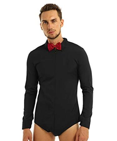 Agoky Men's Latin Modern Dance Leotard Shirt Salsa Cha Cha Zipper T-Shirt Long Sleeve Dancewear Bowtie Romper Black Medium