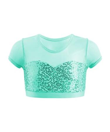 Aislor Girls Sparkly Sequins Fitness Sports Crop Tops Cap Sleeves Keyhole Back Shirt Vest 09mint Green 6 Years