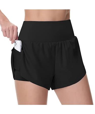 THE GYM PEOPLE Womens Quick Dry Running Shorts Mesh Liner High Waisted Tennis Workout Shorts Zipper Pockets Black Medium