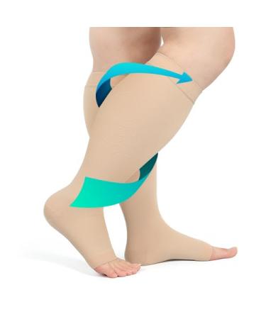 FITTOO Plus Size Compression Socks for Men & Women 20-30mmHg Graduated Compression Socks for Shin Splint Varicose Vein & Calf Pain Fatigue Relief Open Toe & Wheat X-Large