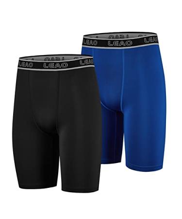 LEAO Youth Boys Compression Shorts 2-pack Performance Athletic Underwear Sports Boxer Briefs Black/Royal Blue Large