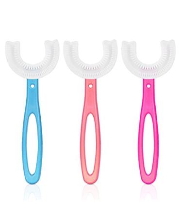 Vicloon U Shaped Toothbrush 3Pcs Whole Mouth Children's Toothbrush with Soft Silicone Brush Head Gentle for Sensitive Teeth (2-6 Years) Blue+pink+rose Red