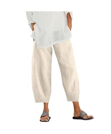 MALAIDOG Womens 2023 Trendy Linen Capri Pants Solid Color Soft Loose High Waistband Wide Leg Flowy Yoga Trousers with Pockets Beige-c Large