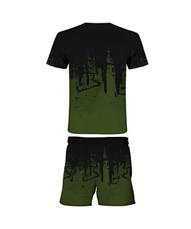 QUNPIU Sport Suit for Men's Two-Piece T-Shirt and Shorts Set Fashion Print Short Sleeve Casual Shirts Jogging Sports Outfits Green Medium