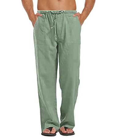 AUDATE Men's Pants Summer Beach Trousers Cotton Linen Trouser Casual Lightweight Drawstring Yoga Pant Green Medium
