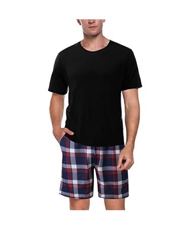 Stoota Men's Short Sleeve Pajama Solid Color Shirt & Plaid Pants Set, Two-Piece Breathable Pjs Sleepwear Lounge Wear Set 02 Black X-Large