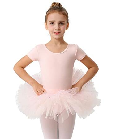 MdnMd Short Sleeve Glitter Dance Ballet Tutu Leotard Ballerina Outfit for Girls Toddler N1-ballet Pink 2-4T