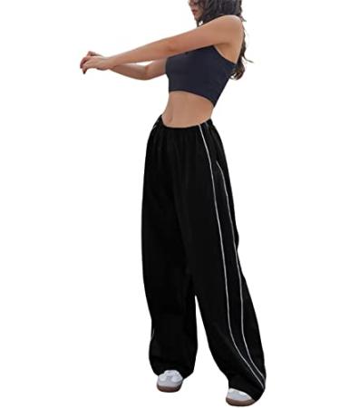 Athlisan Womens Parachute Pants Baggy Wide Leg Y2K Track Pants for Women Black Large