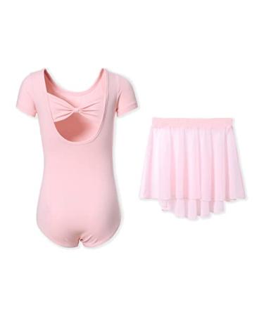 DIPUG Girls Ballet Leotards with Removable Skirt Toddler Hollow Back Dance Dress Combo Short sleeve 4-6 Years Pink
