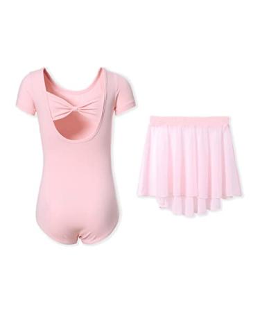DIPUG Girls Ballet Leotards with Removable Skirt Toddler Hollow Back Dance Dress Combo Short sleeve 6-8 Years Pink