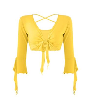 YiZYiF Women's 3/4 Tulle Flared Sleeve Lace-Up Ballroom Belly Latin Practice Dance Top Shirts Costume Yellow B