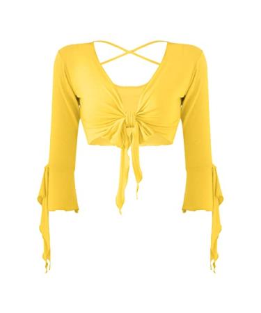 YiZYiF Women's 3/4 Tulle Flared Sleeve Lace-Up Ballroom Belly Latin Practice Dance Top Shirts Costume Yellow B