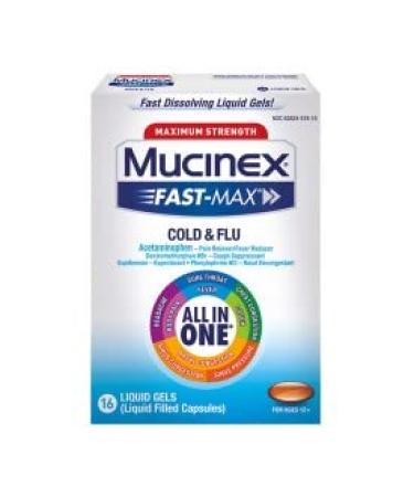 Mucinex Fast-Max Maximum Strength Cold & Flu All in One Multi-Symptom Relief Pain Reliever Fever Reducer Cough Suppressant Expectorant Nasal Decongestant 16 Liquid Gels (Pack of 2)