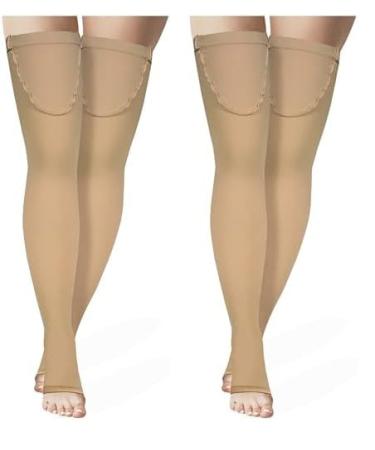 Truform Surgical Stockings 18 mmHg Compression for Men and Women Thigh High Length Open Toe Beige Small (Pack of 2)