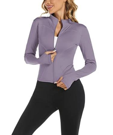 Aolpioon Womens Workout Jacket Yoga Running Slim Fit Stretchy Full Zip Athletic Jackets Cropped Top with Thumb Holes Small Purple Plush