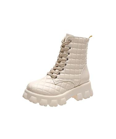 EKOUSN Winter And Autumn Boots for Women, Women's Side Zipper Mid-Tube Boots, Casual Solid Color Platform Boots, Individuality Round Toe Leather Boots, Work Boots Riding Boots Knight Boots White 8.5