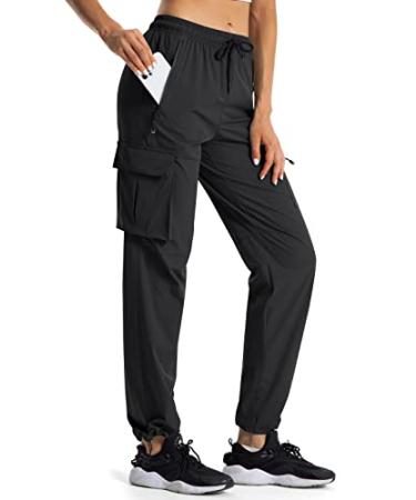 Women's Hiking Cargo Pants 7/8 Lightweight Solid Drawstring Elastic Waisted  Tapered Jogger Pantalones with Multi Pockets (L, Black-I)