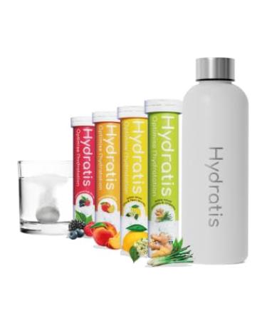 HYDRATIS - Pack of 4 Tubes of Effervescent Tablets with Electrolytes + 500 ml White Bottle - Optimises Hydration - Lemon/Elde