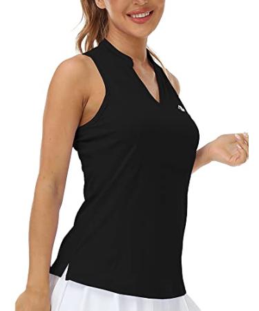 MoFiz Women Racerback Sleeveless Golf Polo Shirts V-Neck Collarless Tennis Running Tank Tops Quick Dry Athletic Casual Black Medium