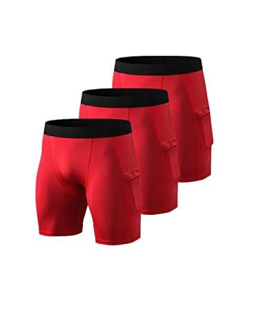 ABTIOYLLZ Compression Shorts for Men Spandex Running Workout Athletic Baselayer Underwear Training Shorts Pocket 3 Pack# Red#06 With Pockets Medium