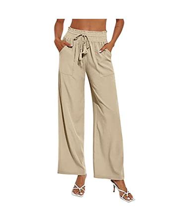 Gufesf Women's Cotton Linen Palazzo Pants Summer Wide Leg Long Trousers with Pockets Crop Pants for Women Dressy Summer Khaki Medium