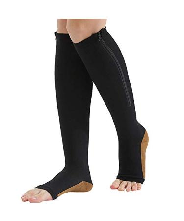 Zipper Compression Socks (2-Pack) for Men Women Open Toe Easy On Compression Support Hose Knee High, Black X-Large Black-copper