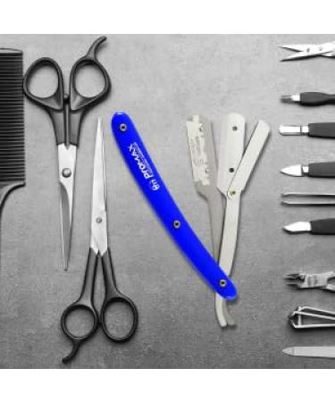 ProMax Care Professional Straight Edge Razor - Stainless Steel Barber Razor with 100 Derby Blades for Close Shaving - Men's Manual Safety Shaver with Blue Handle - Buy Online on GoSupps.com
