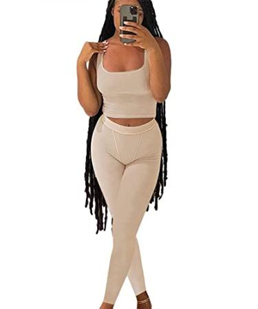 LICOBOD Casual Workout Sets 2 Piece Outfits for Women Ribbed Crop Tank Top High Waist Yoga Leggings Lounge Wear Tracksuit Medium Long Beige