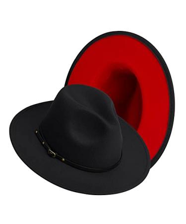 Wide Brim Fedora Hats for Women Dress Hats for Men Two Tone Felt Panama Hat Small-Medium Black/Red-belt