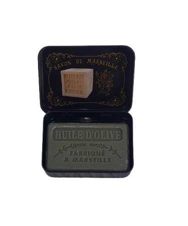 Black Marseille soap metal box with Marseille olive oil soap 60g - Made in France - enriched with organic shea butter