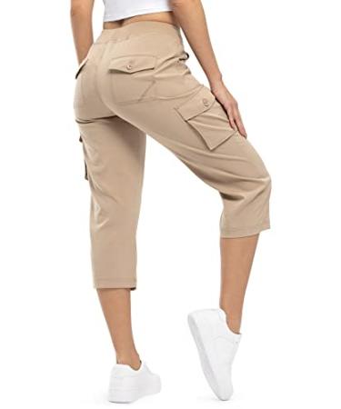 TBMPOY Womens Cargo Capris Hiking Lightweight Pants Quick Dry Casual Outdoor Trip Loose Shorts Cropped Cotton 6 Pockets Khaki Large