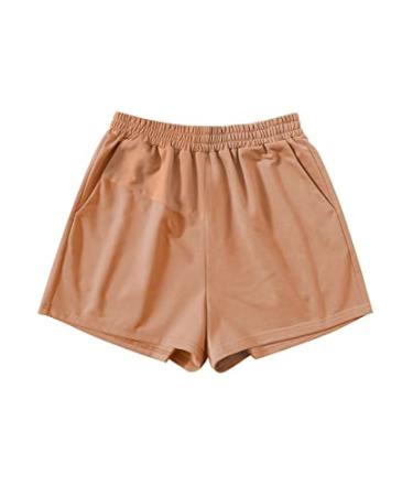 SOLY HUX Women's Casual Elastic Shorts Running High Waisted Color Block Sweat Shorts with Pockets Medium Brown Colorblock