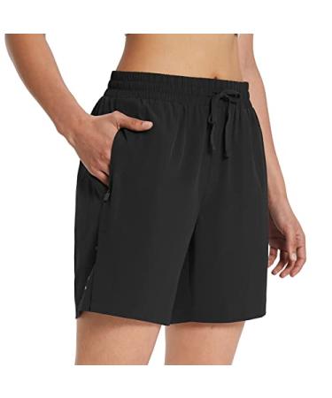 BALEAF Women's 7" Long Running Shorts No Liner Zipper Pockets Quick Dry Athletic Workout Shorts Black Large