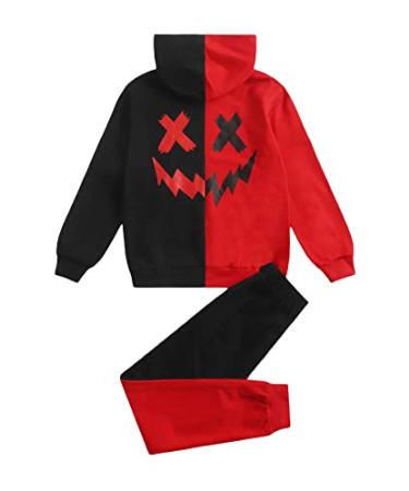 OYOANGLE Boy's 2 Piece Tracksuit Outfit Casual Graphic Print Long Sleeve Hooded Sweatshirt and Sweatpants with pocket Set 8 Years Black Red