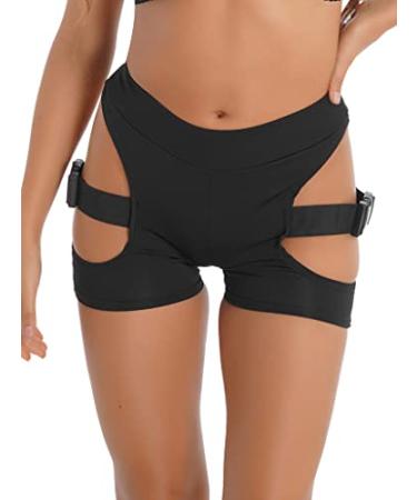 Loodgao Women's Hollow Out Side with Buckle Shorts Gothic Punk Rave Hot Pants Dance Bodycon Mini Shorts Clubwear Medium
