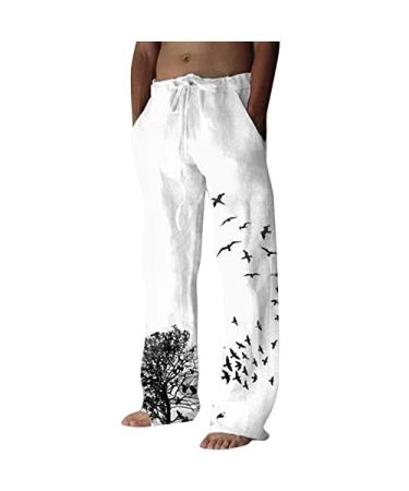YUNDAN Cotton Linen Pants for Mens Fashion Wide Leg High Waist Sweatpants Drawstring Regular Fit Print Trouser Sleepwear B-white XX-Large