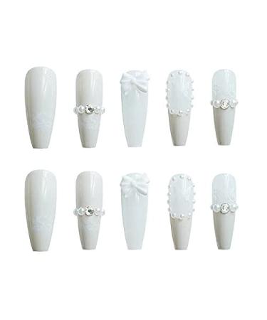 Valentine's Long Creamy White Butterfly Lace Coffin Fake Nails - Set of 24 with Pearl Bow and Diamond Accents - Buy Online on GoSupps.com