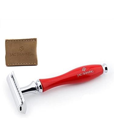 Double edge razor with brass and aluminum handle in red color and leather cover by Jag Shaving
